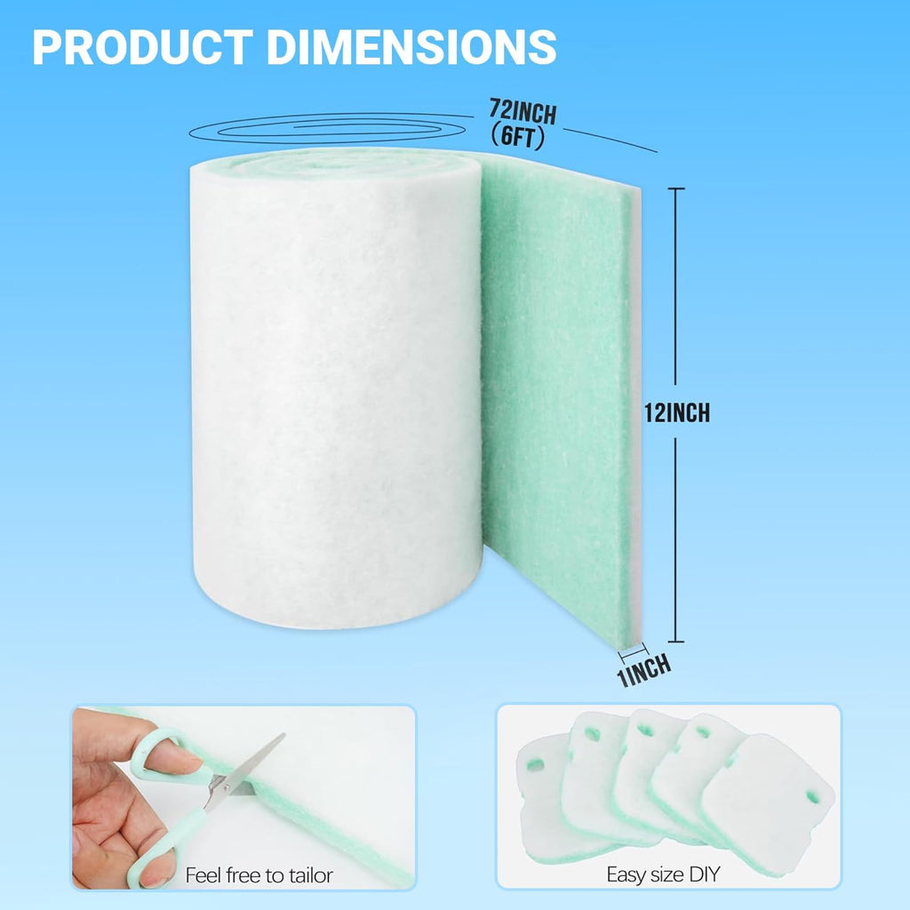 Aquarium Filter Media - Reusable Filter Floss for Fish & Turtle Tank Filters | Strong Density, Thick 12” x 72” x 0.75”-1” | Cut-to-Fit Pond Filter Pad (Green/White)