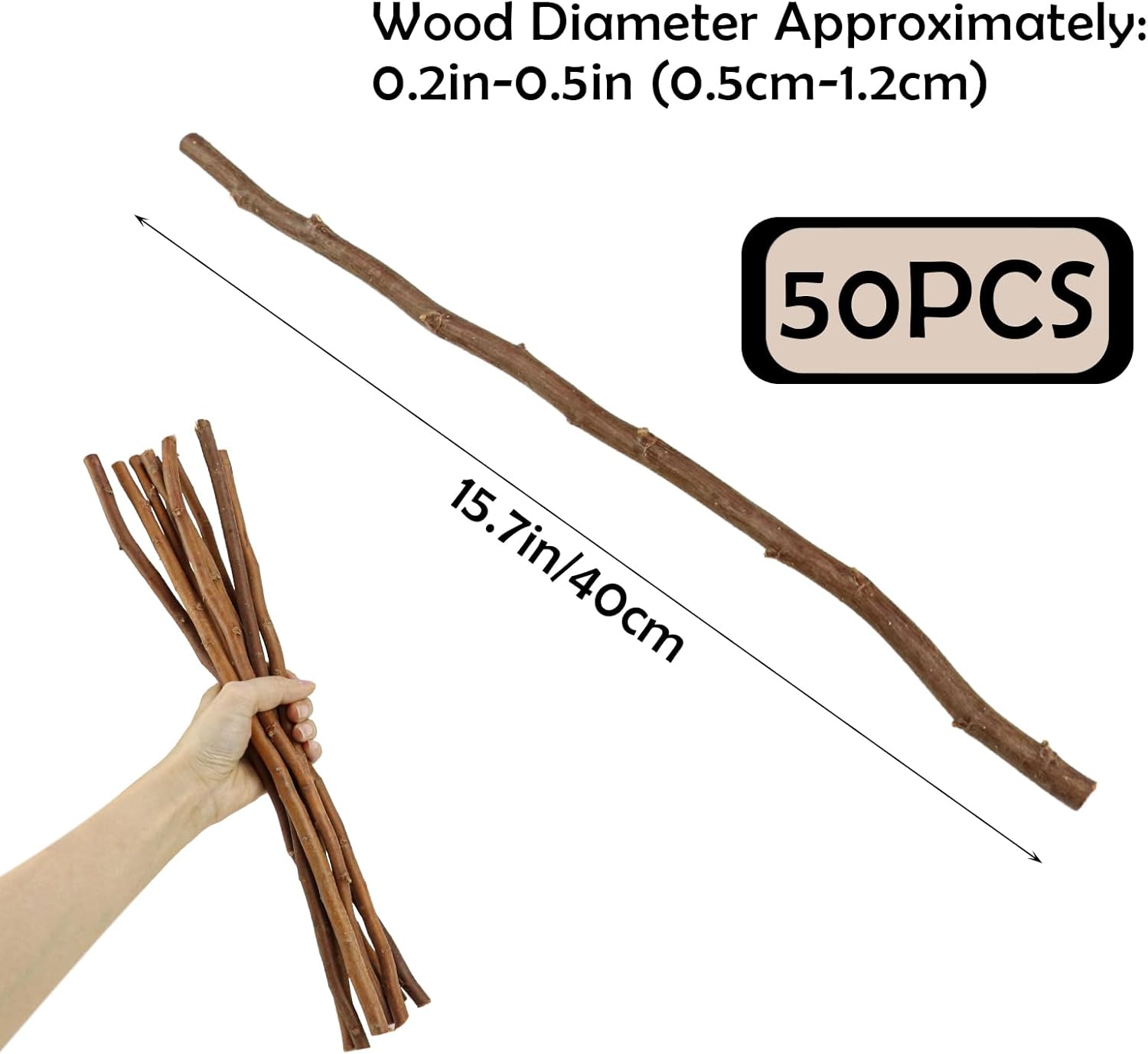 50Pcs Natural Twigs, Driftwood Branches, Unfinished Timber Rods for Model Making, Home Decor & Art Supplies (Brown 40CM)