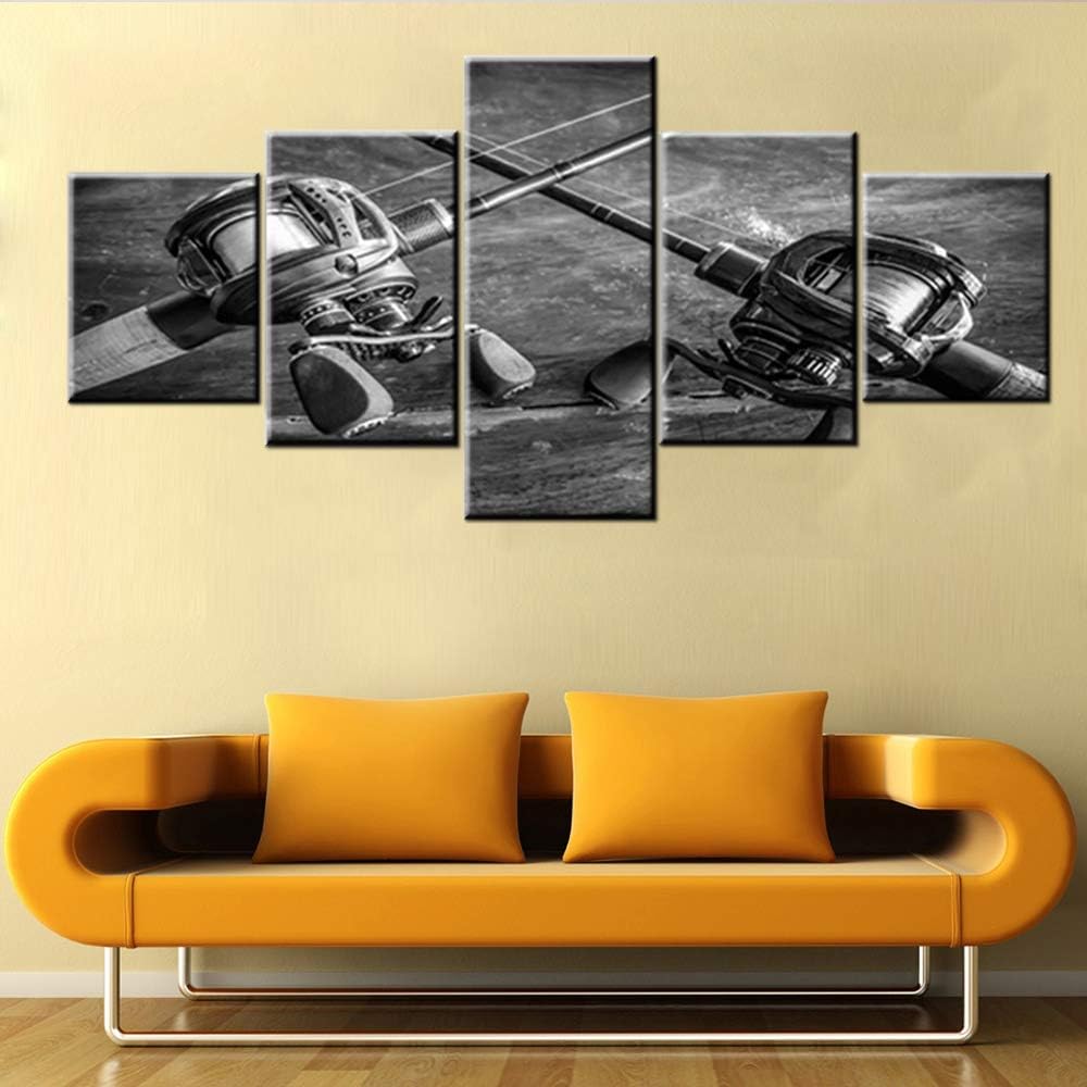 5 Piece Wall Art Fishing Tackle Pictures Printed on Canvas Gray and White Paintings Contemporary Artwork House Decoration Living Room Giclee Framed Gallery-Wrapped Ready to Hang(50”WX24”H)