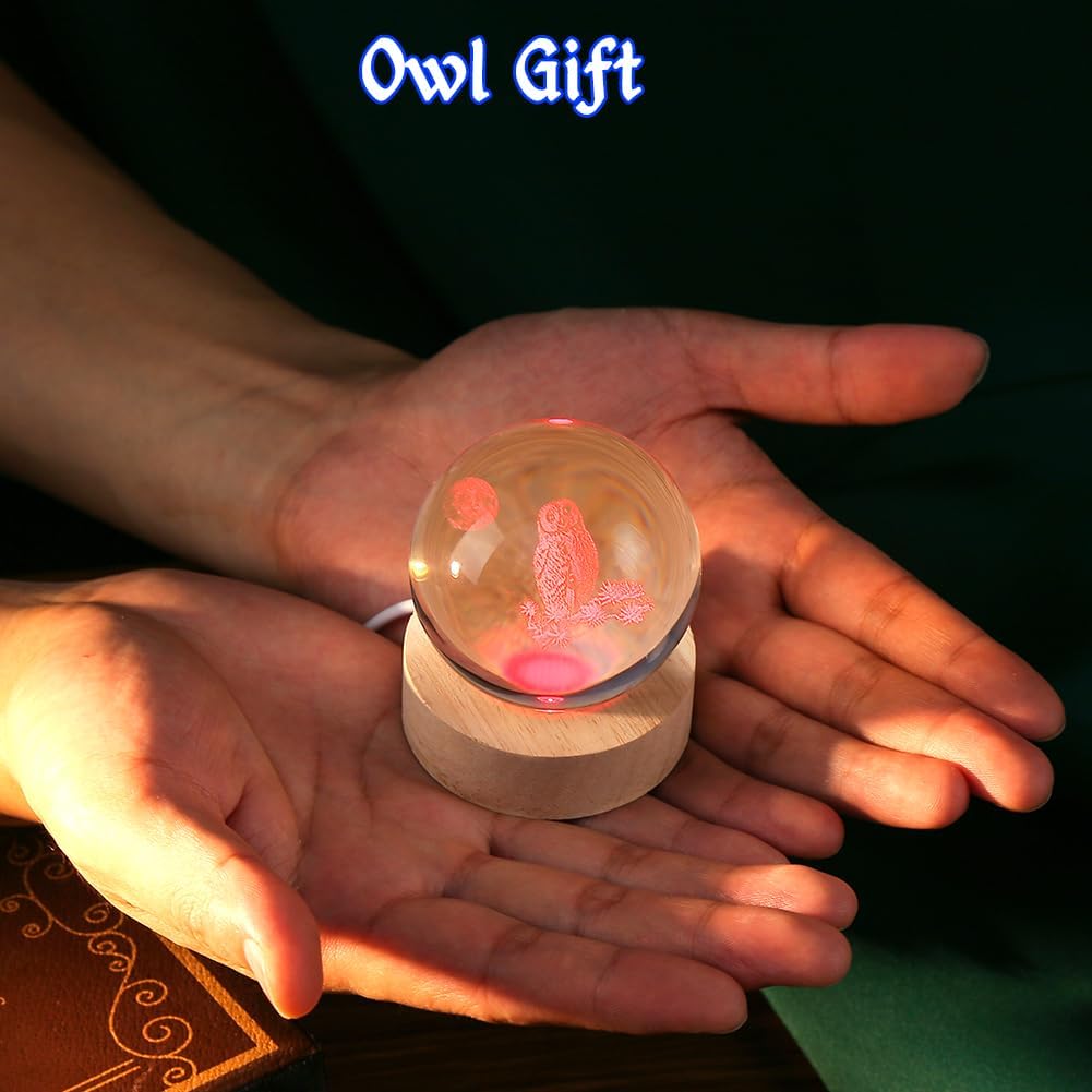 3D Owl Crystal Ball 60mm Owl Figurines in Crystal Ball Decor Collectibles Snow Globes Gift Glass Sphere with Wooden Light Base