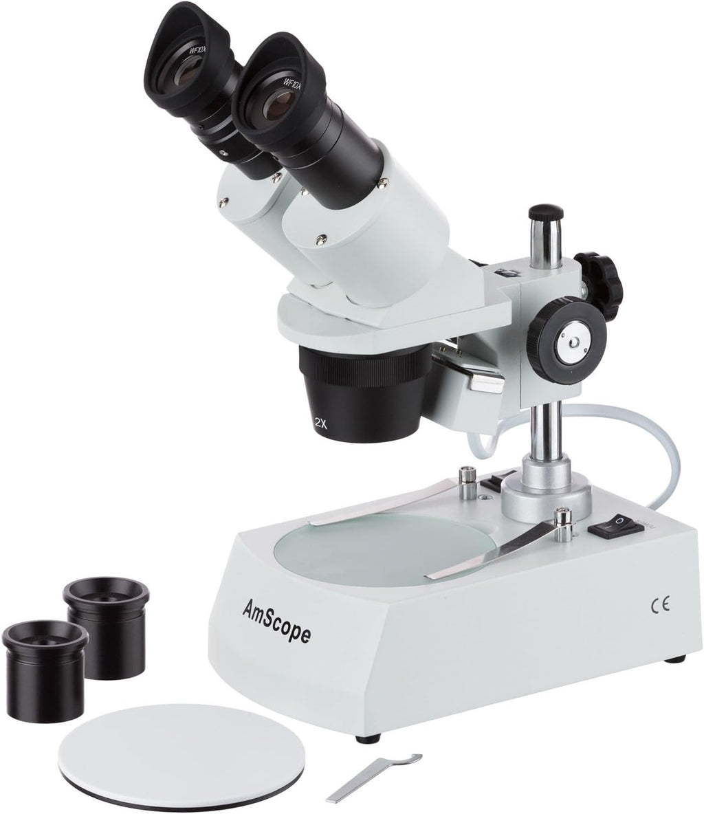 AmScope SE306R-PZ Forward Binocular Stereo Microscope, WF10x and WF20x Eyepieces, 10X-80X Magnification, 2X and 4X Objectives, Upper and Lower Halogen Light Source, Pillar Stand, 120V , White