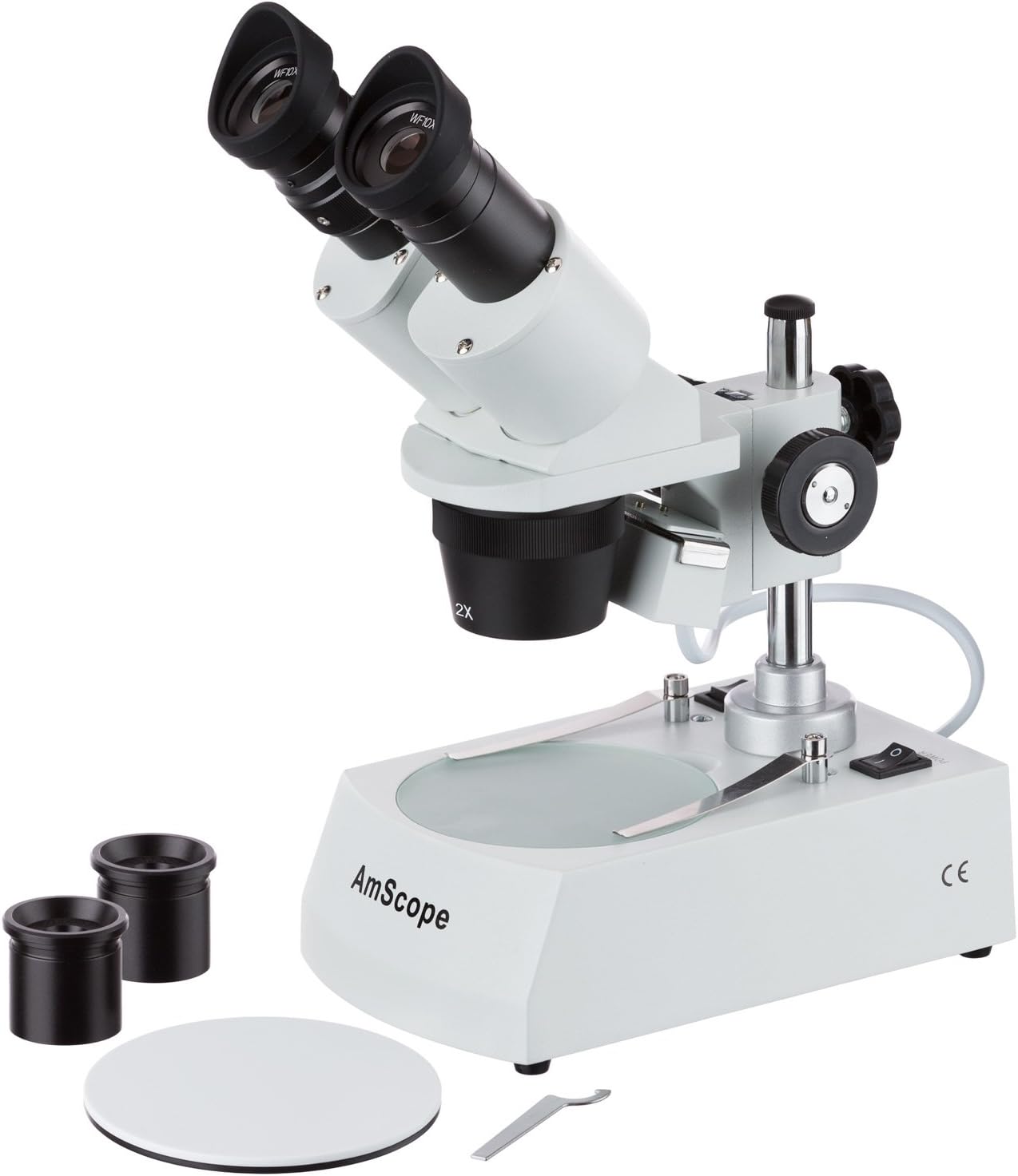 AmScope SE306R-PZ Forward Binocular Stereo Microscope, WF10x and WF20x Eyepieces, 10X-80X Magnification, 2X and 4X Objectives, Upper and Lower Halogen Light Source, Pillar Stand, 120V , White