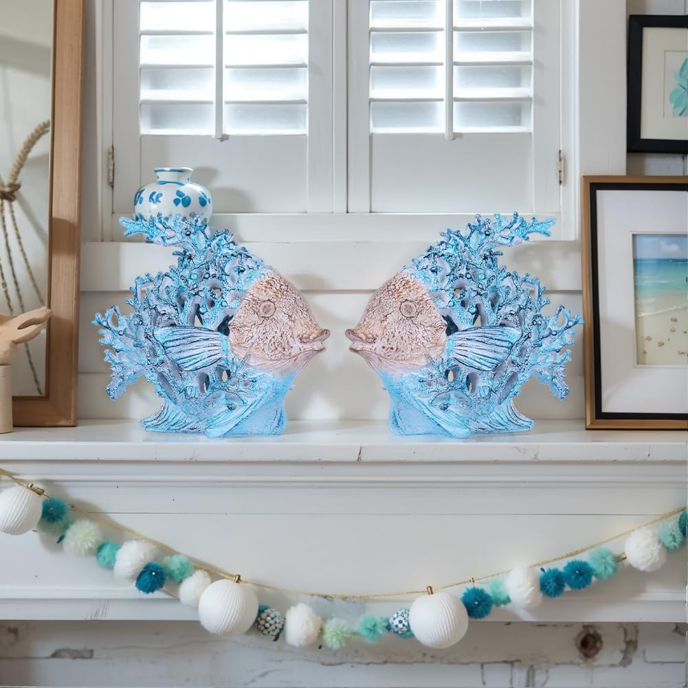 Beach Coastal Decor – 9.8in Turquoise Coral Reef Angelfish Figurine, Modern Nautical Ocean Sculpture Centerpiece for Living Room, Bathroom, Shelf, Coffee Table, Office or Beach House Gift