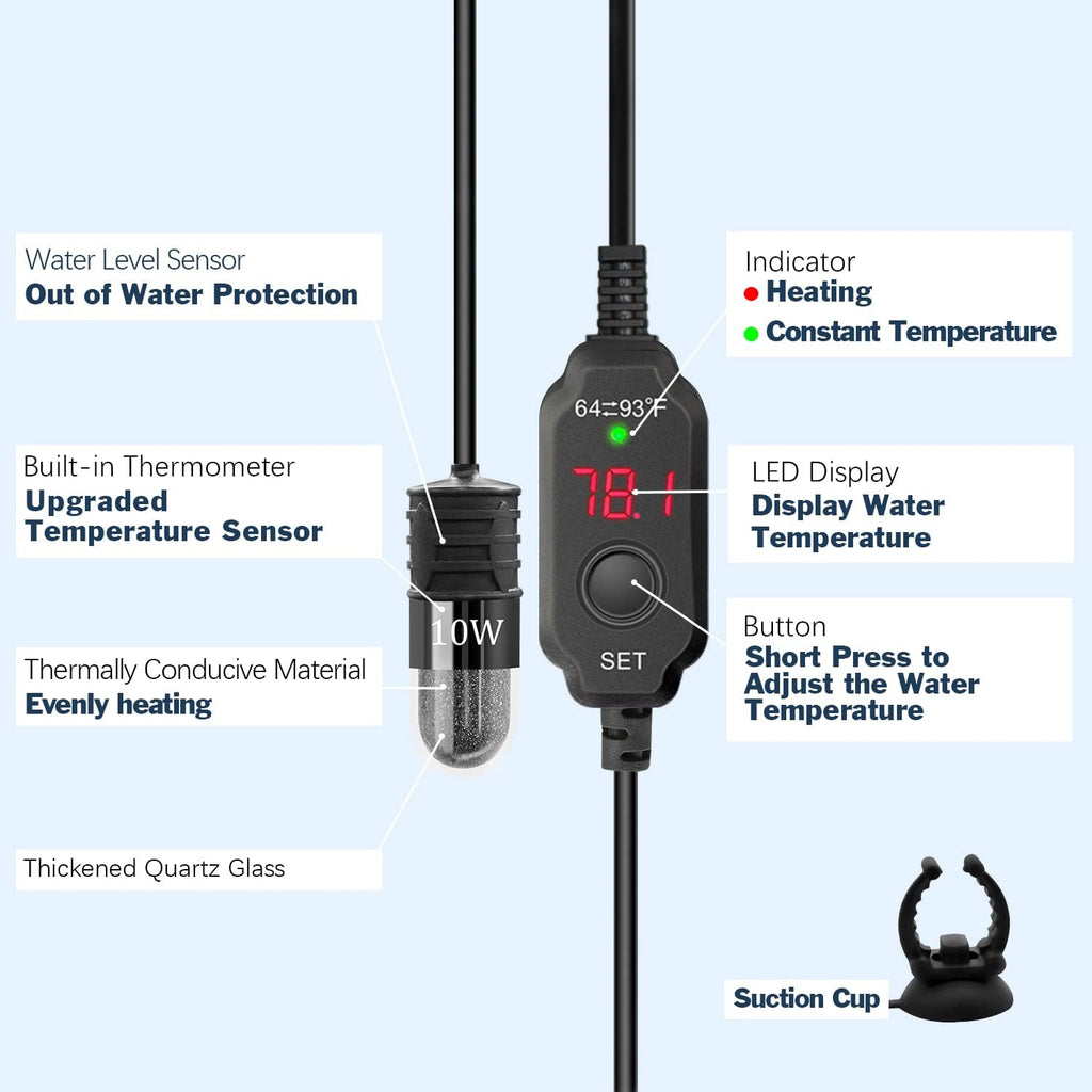 Adjustable Mini Aquarium Heater 0.5/1/2/3 Gallon Submersible Small Fish Tank Heater 10W/20W/30W Digital Display Thermostat External Temperature Controller