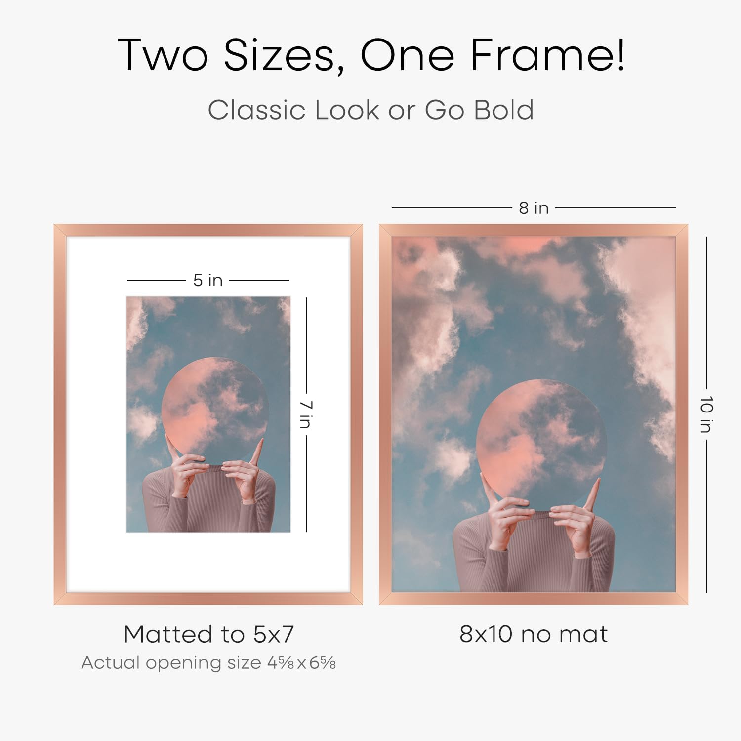 Homeforia Rose Gold 8x10 Picture Frame, High End Metal 8 x 10 Poster Frames with Mat 5 by 7 Print, 10x8 Thin Frame Matted to 7x5 Photo, 8by10 Wall or Tabletop Frame, Tempered Glass, Wall Kit, Set of 2