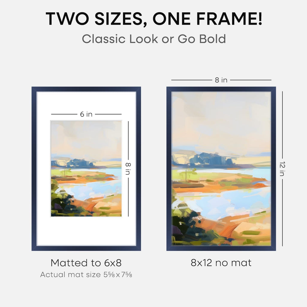 Homeforia 8x12 Picture Frame Navy Blue, High End Metal 8 x 12 Poster Frames with Mat 6 by 8 Photo, 12x8 Frame Matted to 6x8 inch Print, 8by12 Wall or Tabletop Frame, Tempered Glass, Wall Kit, Set of 2