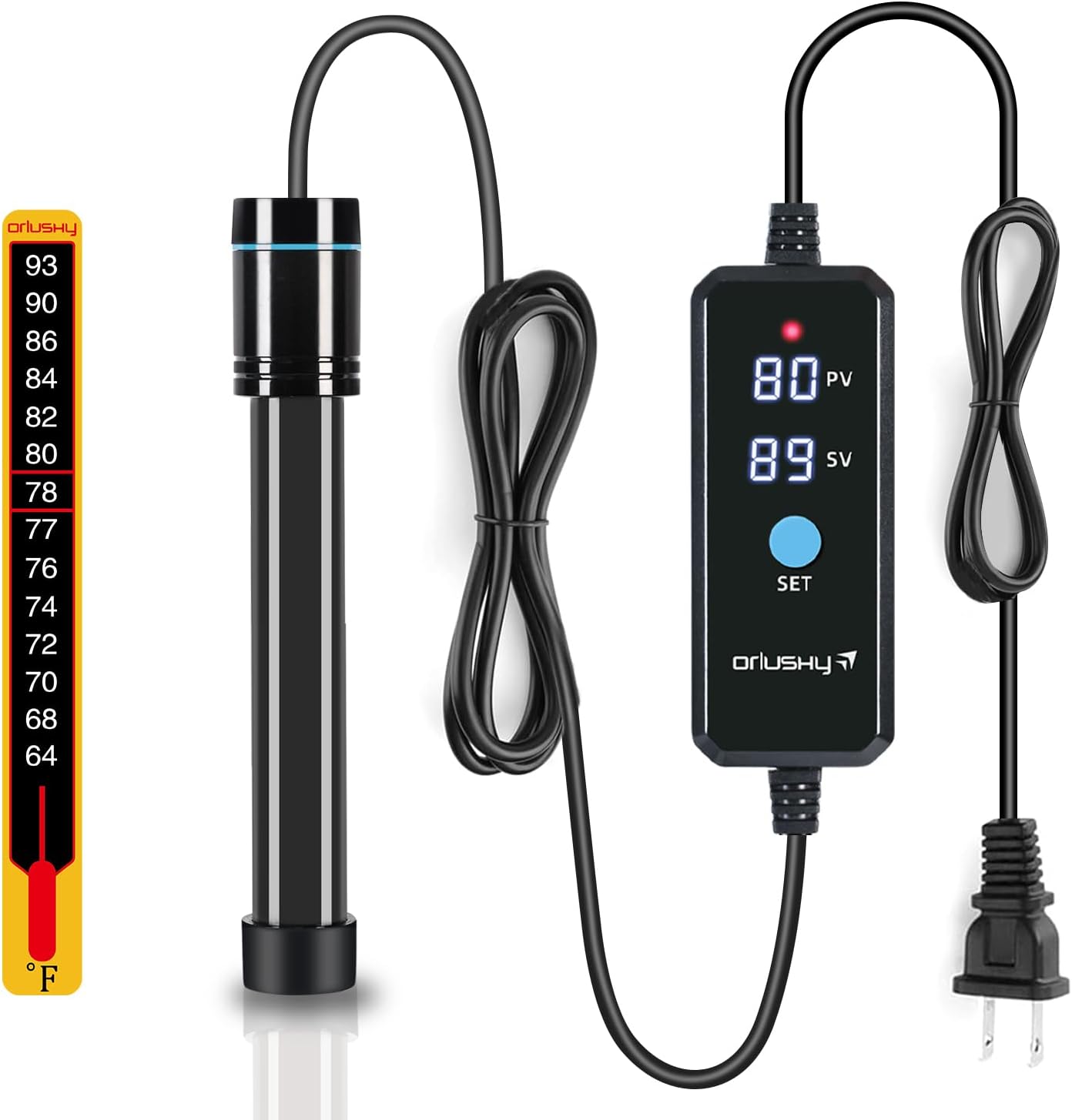 Orlushy 100W Submersible Aquarium Heater, Adjustable Fish Tank Heater with Digital Display External Controller, Overheat Protection and Free Thermometer for 10-20 Gallon Freshwater and Saltwater Tank
