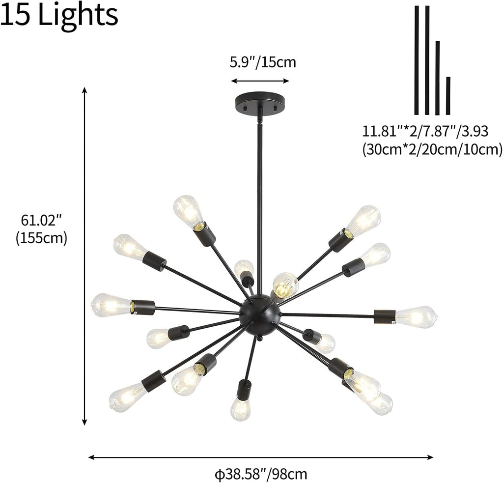 Mid-Century Sputnik Chandeliers 15-Lights, Modern Semi Flush Mount Ceiling Light Fixture Industrial Retro Hanging Lamps for Kitchen Living Room Dining Bedroom Corridor, Black（Bulb Not Included）