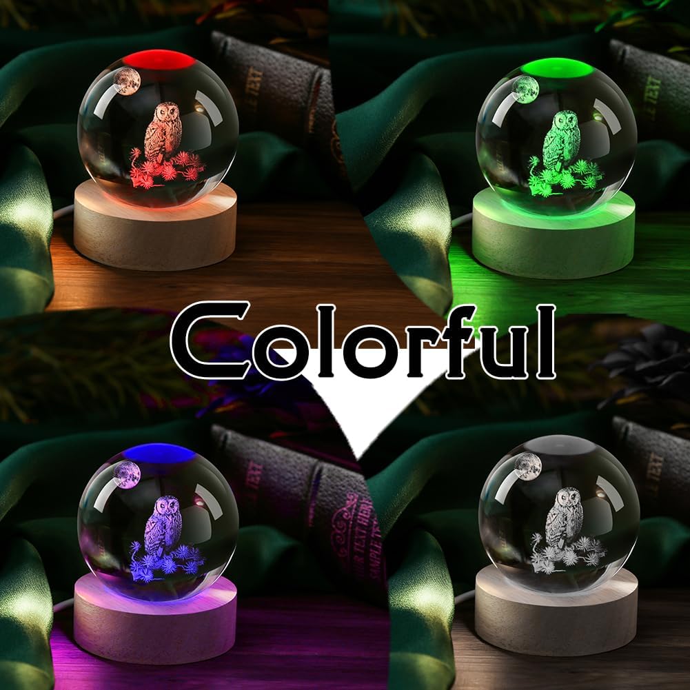3D Owl Crystal Ball 60mm Owl Figurines in Crystal Ball Decor Collectibles Snow Globes Gift Glass Sphere with Wooden Light Base
