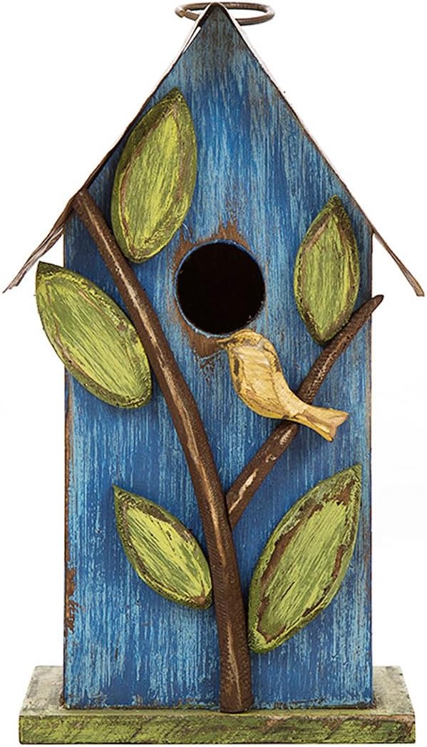 Glitzhome 9.84 Inch Bird House Distressed Leaves Wooden Garden Birdhouse for Outside