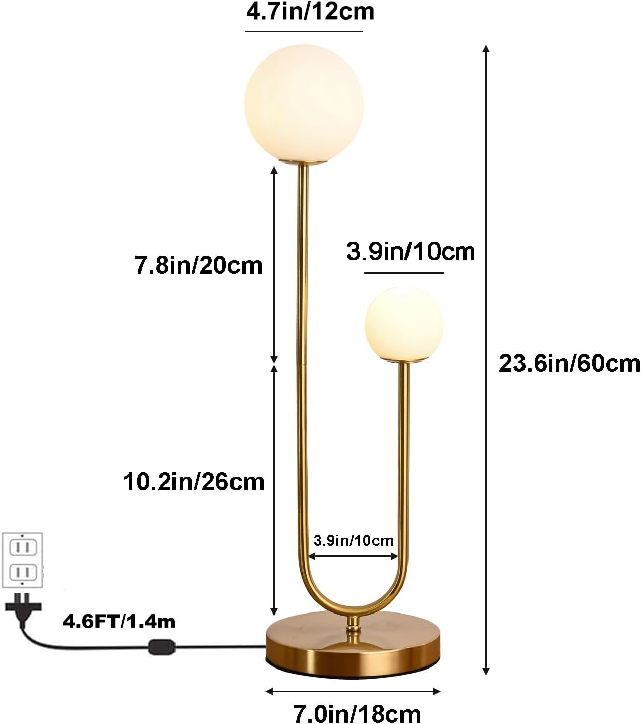 Mid Century Gold Globe Table Lamp Modern U-Shape 2-Light Desk Table Light with Milk White Glass Shade Metal Base Nightstand Lamp for Bedroom Bedside,G9 Bulb(Not Included)