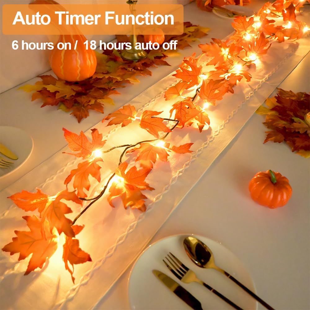 6.56FT Lighted Fall Garland with Lights 24 Warm White LED Battery Operated with Time Maple Leaf Vine Garland Lights Wreath for Mantle Fireplace Door Home Thanksgiving Harvest Decoration Indoor Outdoor