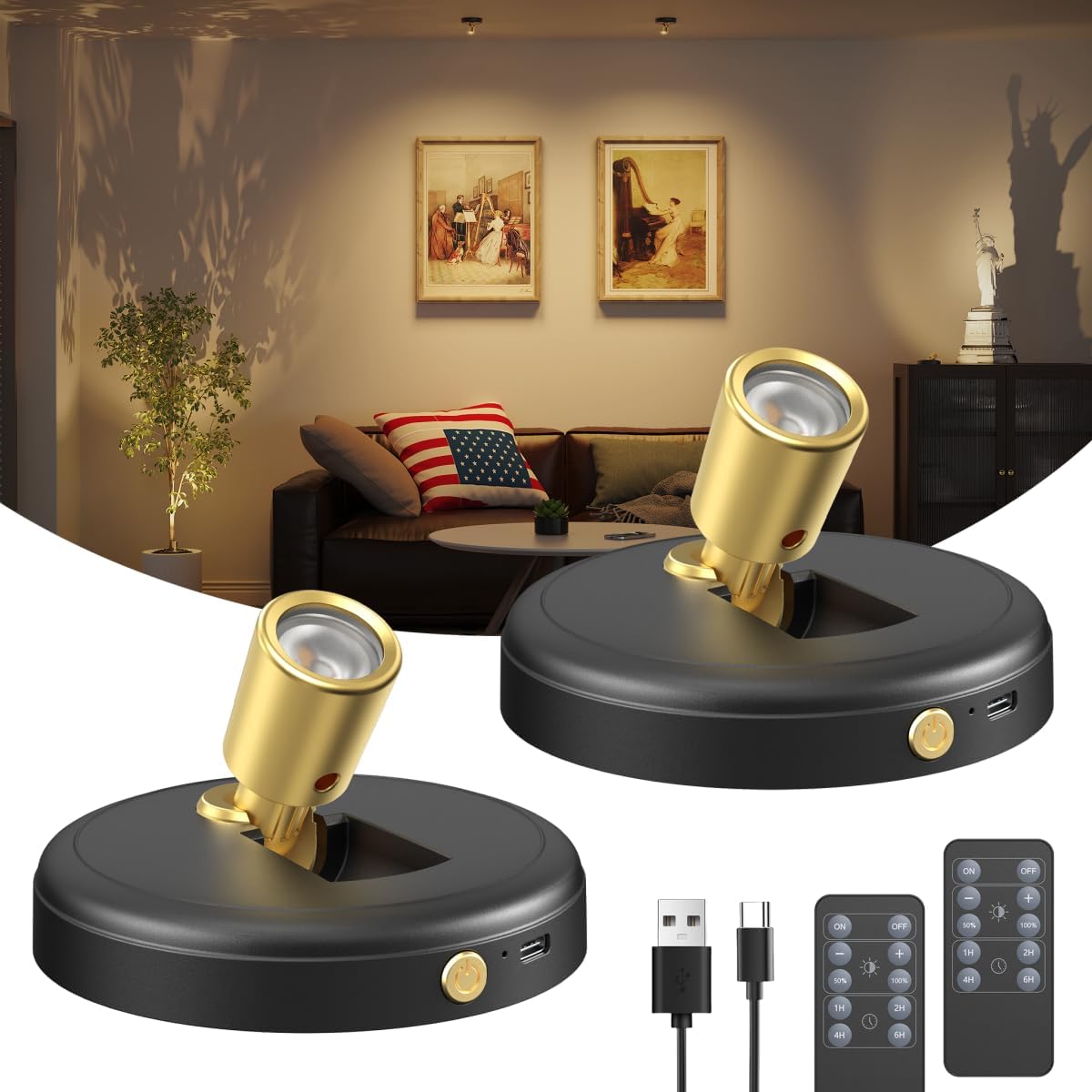 Spot Lights Indoor Led Spotlight: Rechargeable Battery Wireless Up Lights Indoor - Plants Tree Artwork Portrait Picture Display Accent Lighting for Home Decorators Homeowners Art Collectors(2 Pack)