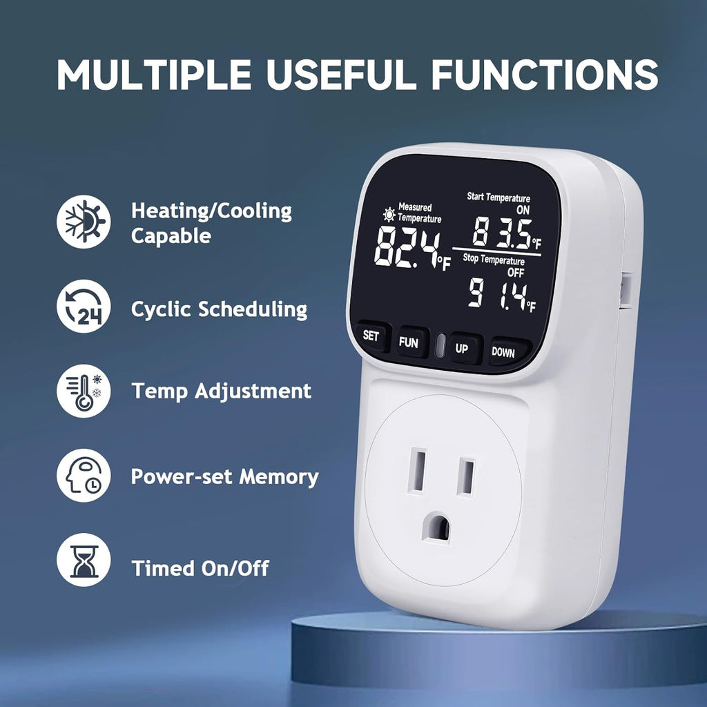 Temperature Controlled Outlet , 15A/1800W Digital Thermostat Outlet, Cyclic Timing/Countdown, -40℉~210℉ VA Display Heating Cooling Control Timer with 2Pcs Probe Cable for Reptile Incubator