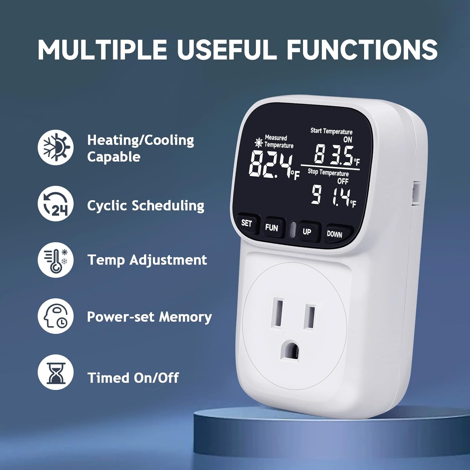 Temperature Controlled Outlet , 15A/1800W Digital Thermostat Outlet, Cyclic Timing/Countdown, -40℉~210℉ VA Display Heating Cooling Control Timer with 2Pcs Probe Cable for Reptile Incubator