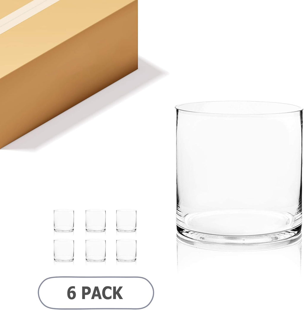 WGV Cylinder Vase Bulk, Width 8", Height 8", Clear Wide Large Diameter Flower Glassware, Floral Container, Planter Terrarium for Wedding Party Event, Home Accent Decor, 6 Pieces