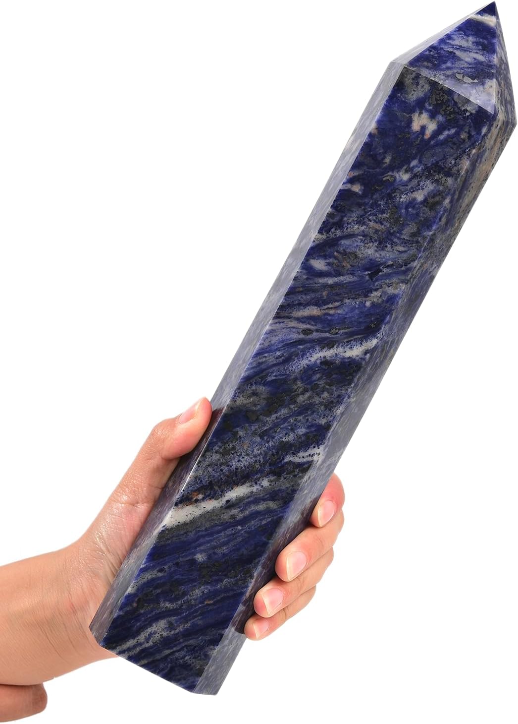 JIC Gem Extra Large Blue Sodalite Healing Crystal Wand 6 Faceted Blue Quartz Crystals Obelisk Tower Points Crystals Decor Reiki 4.4-4.8 Lbs