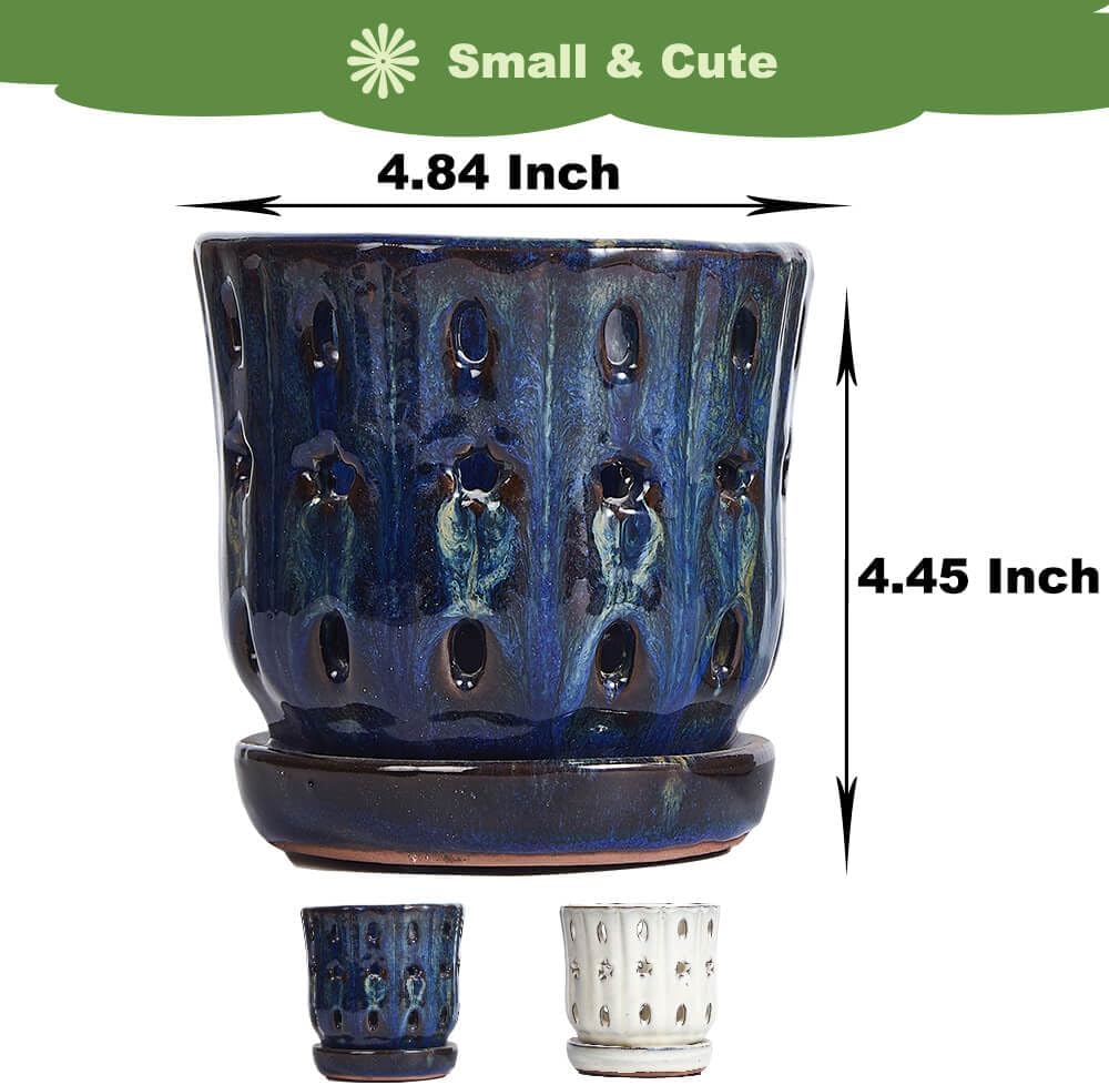 Orchid Pots with Holes Attached Saucers 5 Inches - 2 Pcs Small Ceramic Pots for Repotting, Decorative Ceramic Orchid Planter with Hole for Healthy Root Growth (White and Blue)