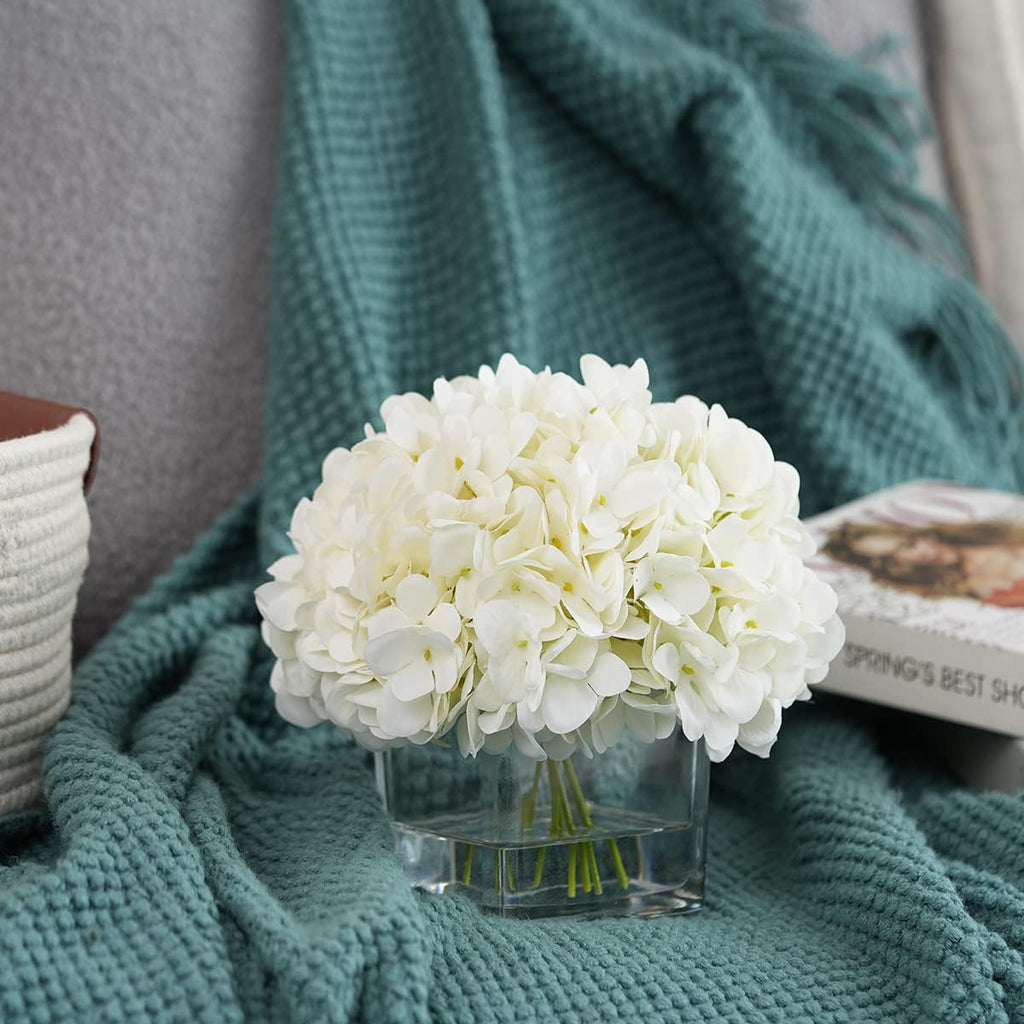 Silk Hydrangea Artificial Flowers in Vase with Faux Water, Silk Flower Arrangements in Vase for Wedding, Dining Table, Living Room (Cream White)