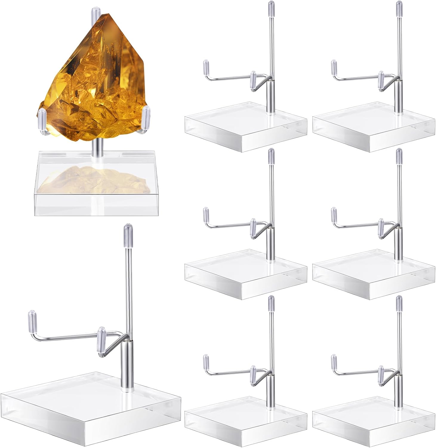 Kigley 8 Pcs Adjustable Metal Arm Display Stand Crystal Holder Easel Display with Acrylic Base Easel Rock Mineral Stand for Geodes Mineral Agate Collection(Silver,2.4 x 2.4 x 3.5 Inch)