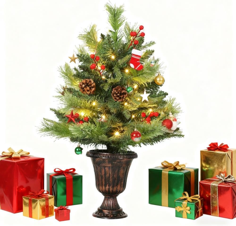 Garvee 2 Ft Pre-Lit Tabletop Christmas Tree, Small Christmas Tree, Artificial Mini Xmas Tree with Pine Cones & Red Berries for Home Office Holiday Decor