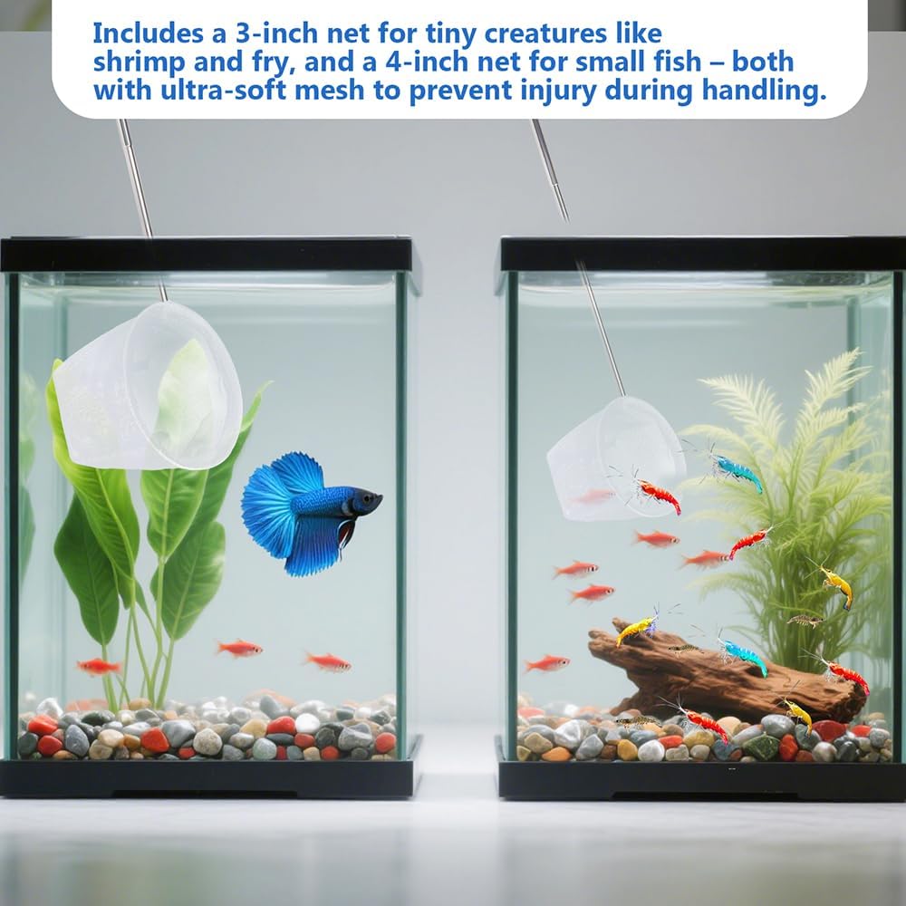 2-Pack 3 & 4 Inch Stainless Steel Fish Nets for Aquarium - Gentle Nets for Small Fish, Shrimp, Fry in Fish Tanks & Aquarium Accessories