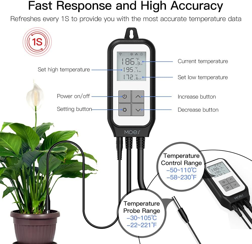 MOES Smart WiFi Cooling Heating Thermostat Outlet, Tuya Digital Temperature Controller Sensor Plug for Reptile Fermenter Brewing Breeding Heat Mat, Smart Life Remote Control, -22-221℉,10A 1250W