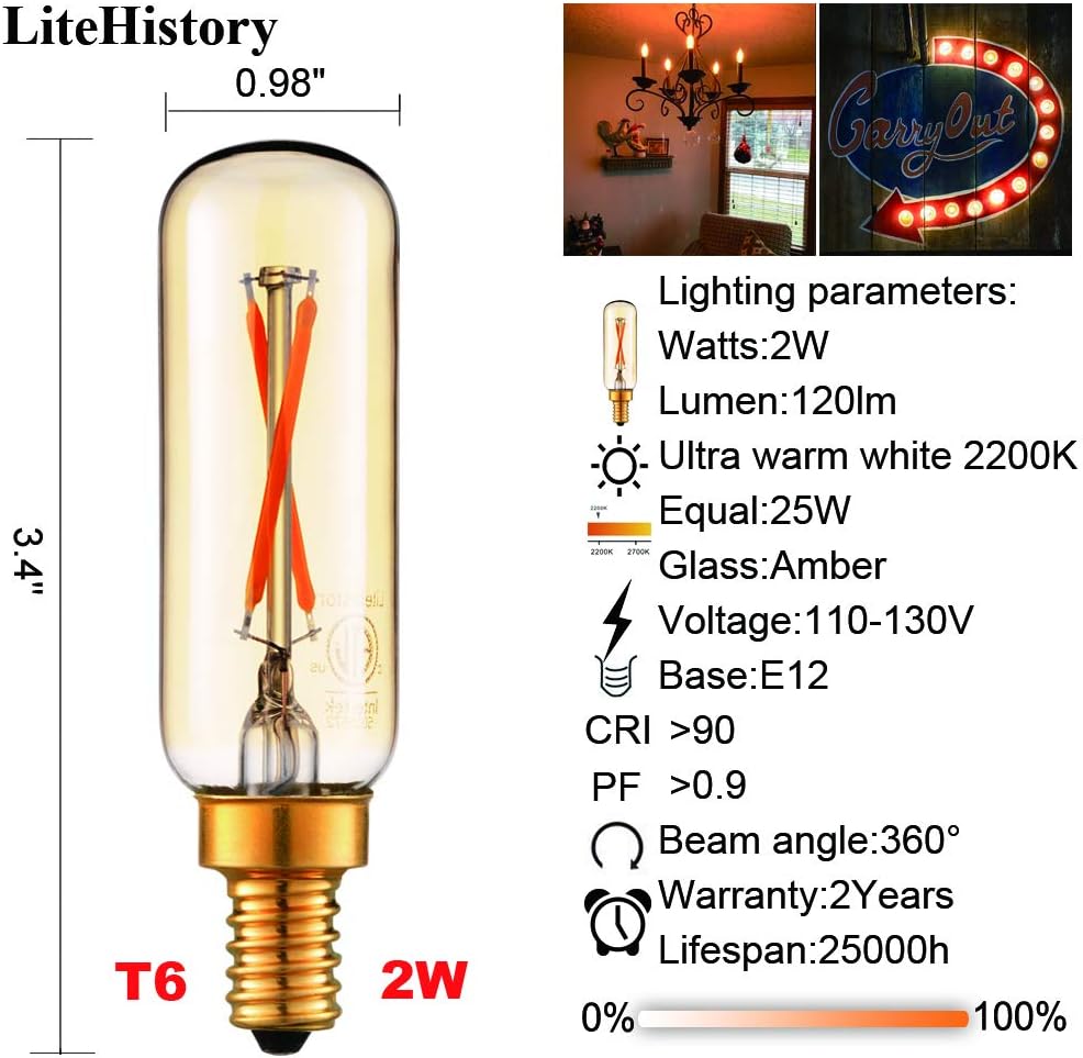 LiteHistory Dimmable T6 led Bulb 25W Candelabra led 2200K Amber 120lm 2W e12 T25 led Bulb 6Pack
