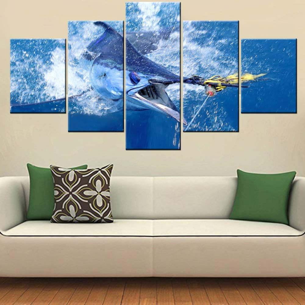Framed Wall Art Big Swordfish in Sea Picture for Living Room Fishing Paintings Fish Blue Seascape Artwork 5 Panel Prints on Canvas Giclee Rustic Home Decor Gallery-Wrapped Ready to Hang(60''W x 32''H)
