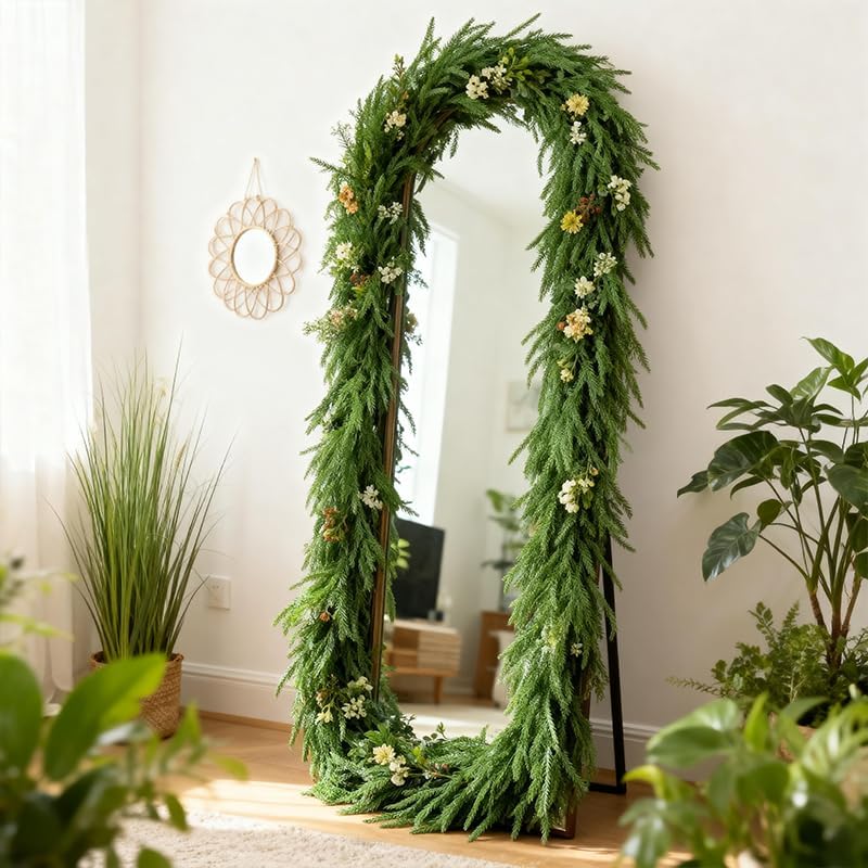 9 FT Artificial Norfolk Pine Garland, Real Touch Dense Faux Greenery Garland for Mantle, Table, Wall, Indoor & Outdoor Christmas Decorations, Christmas Garland