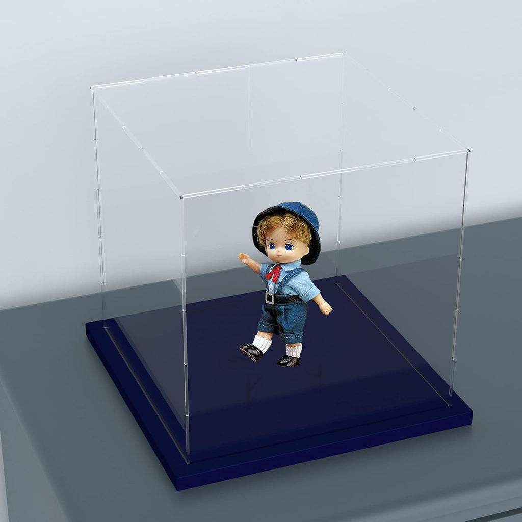 Acrylic Display Case with Navy Blue Velvet Base, Simple Self-Assembly Clear Acrylic Display Box with Lid, 6 Inch Cube Countertop Box for Collectibles, Home Organization (6x6x6 inch)