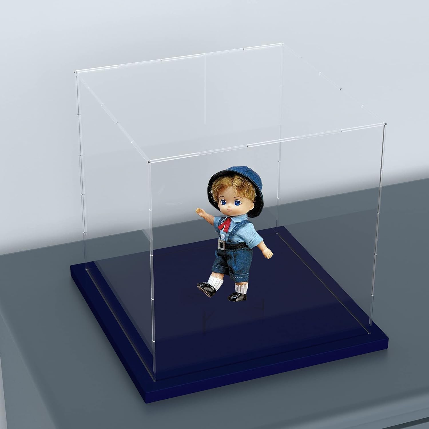 Acrylic Display Case with Navy Blue Velvet Base, Simple Self-Assembly Clear Acrylic Display Box with Lid, 6 Inch Cube Countertop Box for Collectibles, Home Organization (6x6x6 inch)