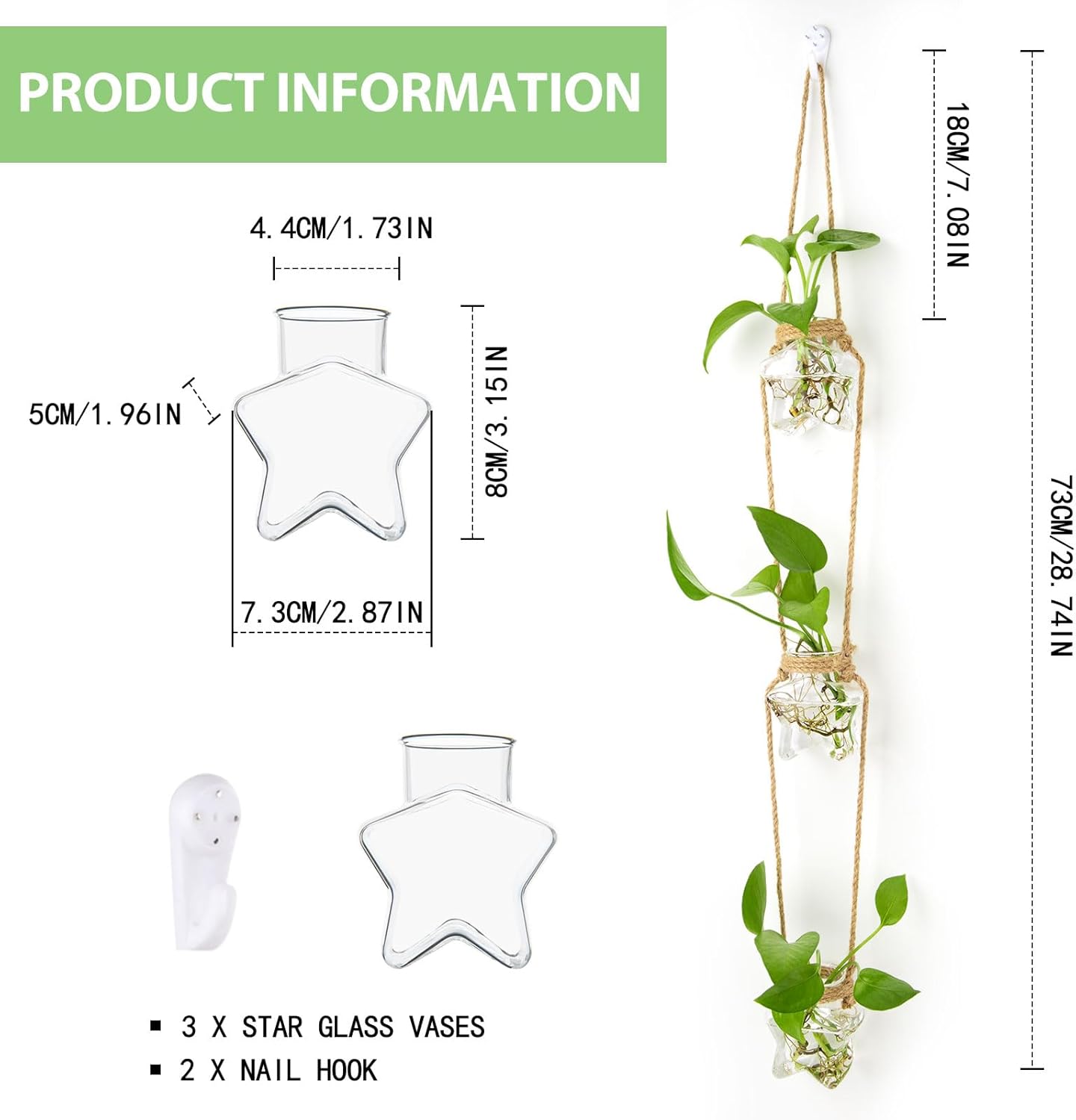 XXXFLOWER Wall Hanging Propagation Station，3 Tired Star Shaped Glass Flower Vase for Hydroponic Planter Terrarium for Plant Cutting Home Office Living Room Garden Decor