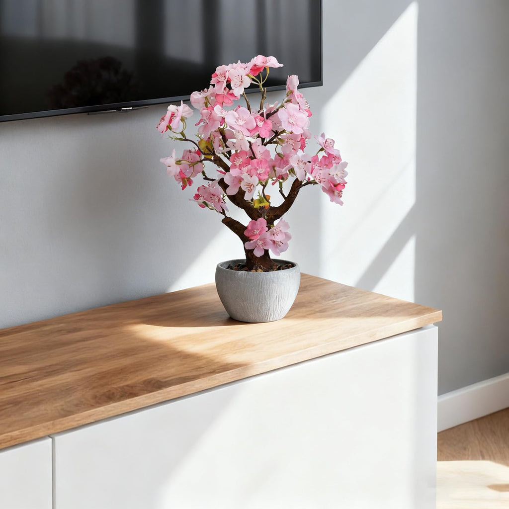 TOARTi Artificial Pink Cherry Blossom Potted Plant with Stone Pot, 13.4" Tall Fake Flowers Faux Plant Desk Decor, Realistic Decorative Plants Indoor Decor for for Home Bedroom Bathroom Office Desk
