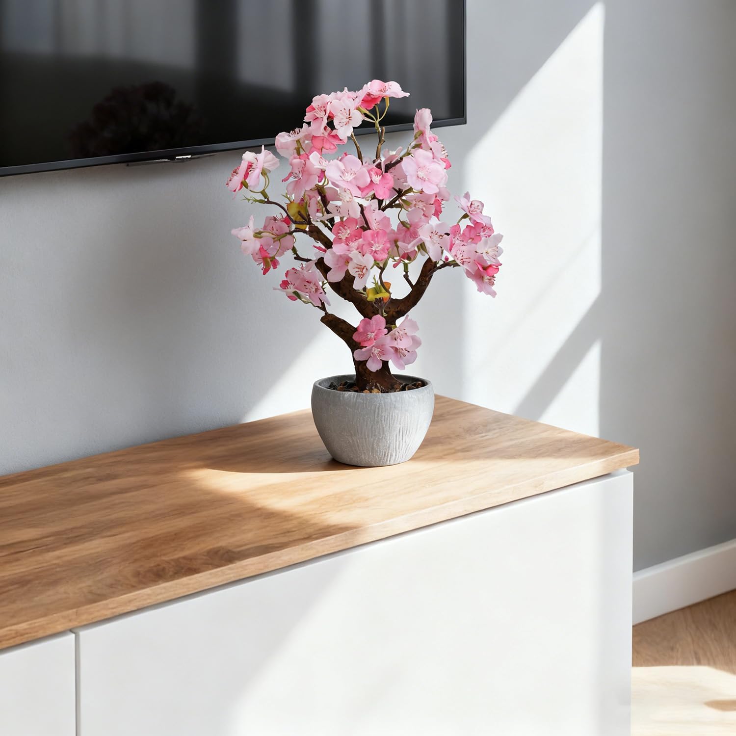 TOARTi Artificial Pink Cherry Blossom Potted Plant with Stone Pot, 13.4" Tall Fake Flowers Faux Plant Desk Decor, Realistic Decorative Plants Indoor Decor for for Home Bedroom Bathroom Office Desk