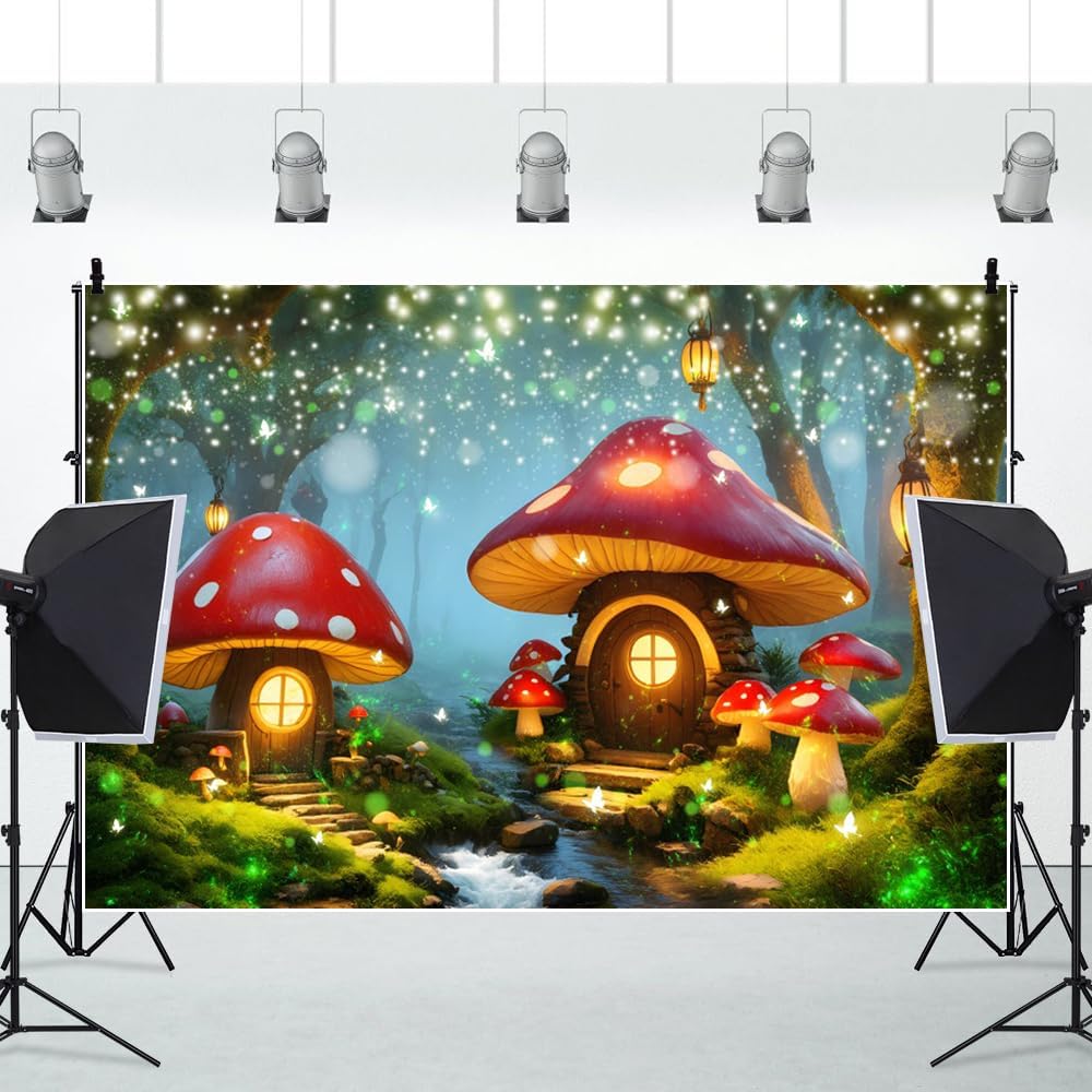AOFOTO 9x6ft Elf Mushroom House Photo Backdrop Fairy Tale Enchanted Forest Photography Background Wonderland Magic Forest Trees Butterfly Girls Princess Kids Birthday Party Decoration Banner Props