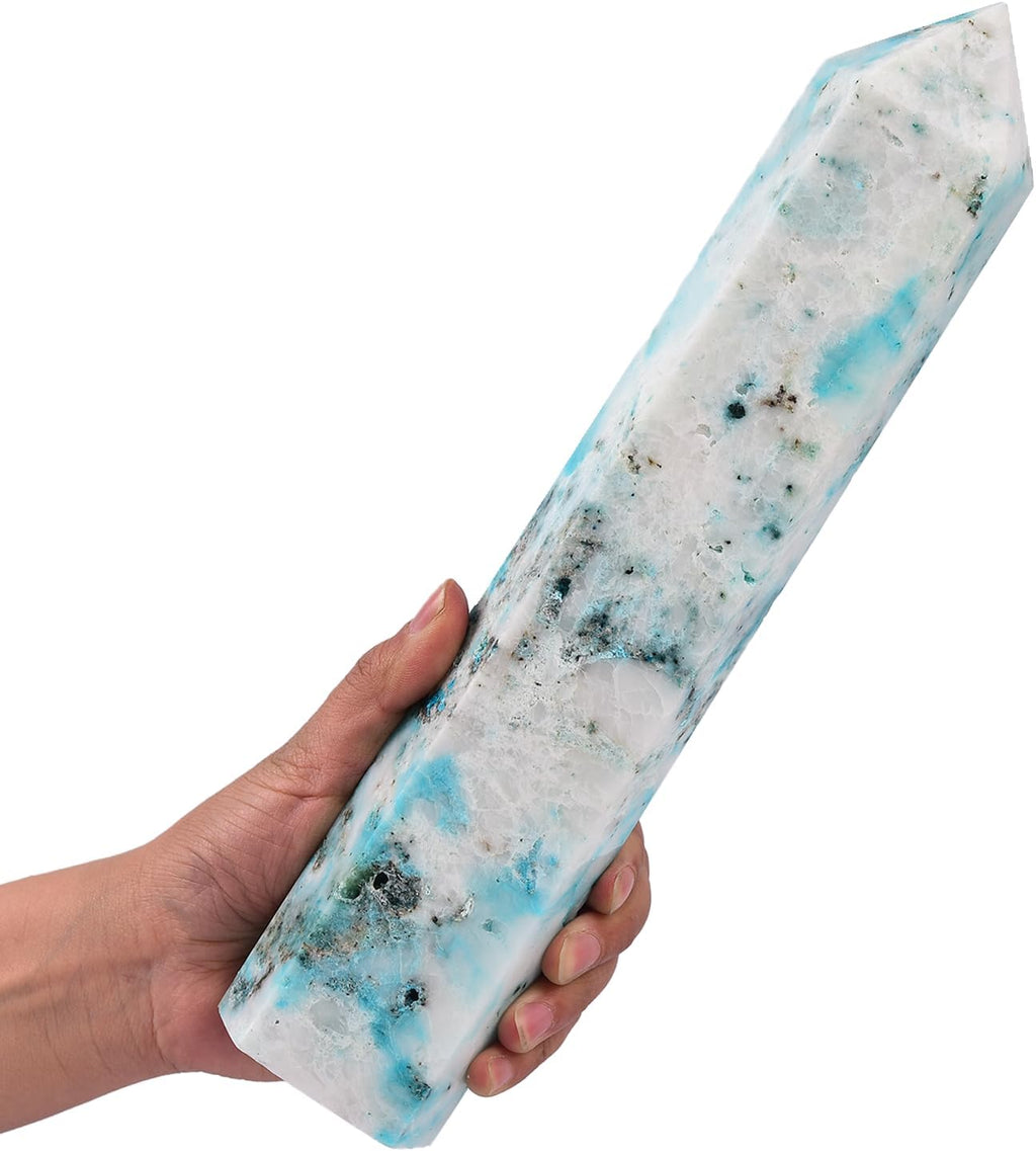 JIC Gem Natural Large Phoenix Pine Obelisk Quartz Crystal Wand Tower Point 6 Faceted Column Chrysocolla Crystal Healing Wand Reiki Decor 3.5-4.0 Lbs