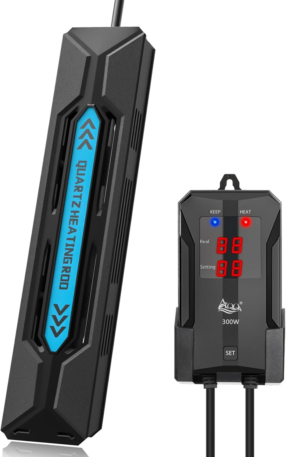 AQQA Aquarium Heater, 300W Submersible Fish Tank Heater with Rapid Heating Quartz Tubes and Precise Dual Digital Display Controller for Up to 60 Gallon Seawater Freshwater Fish Tank