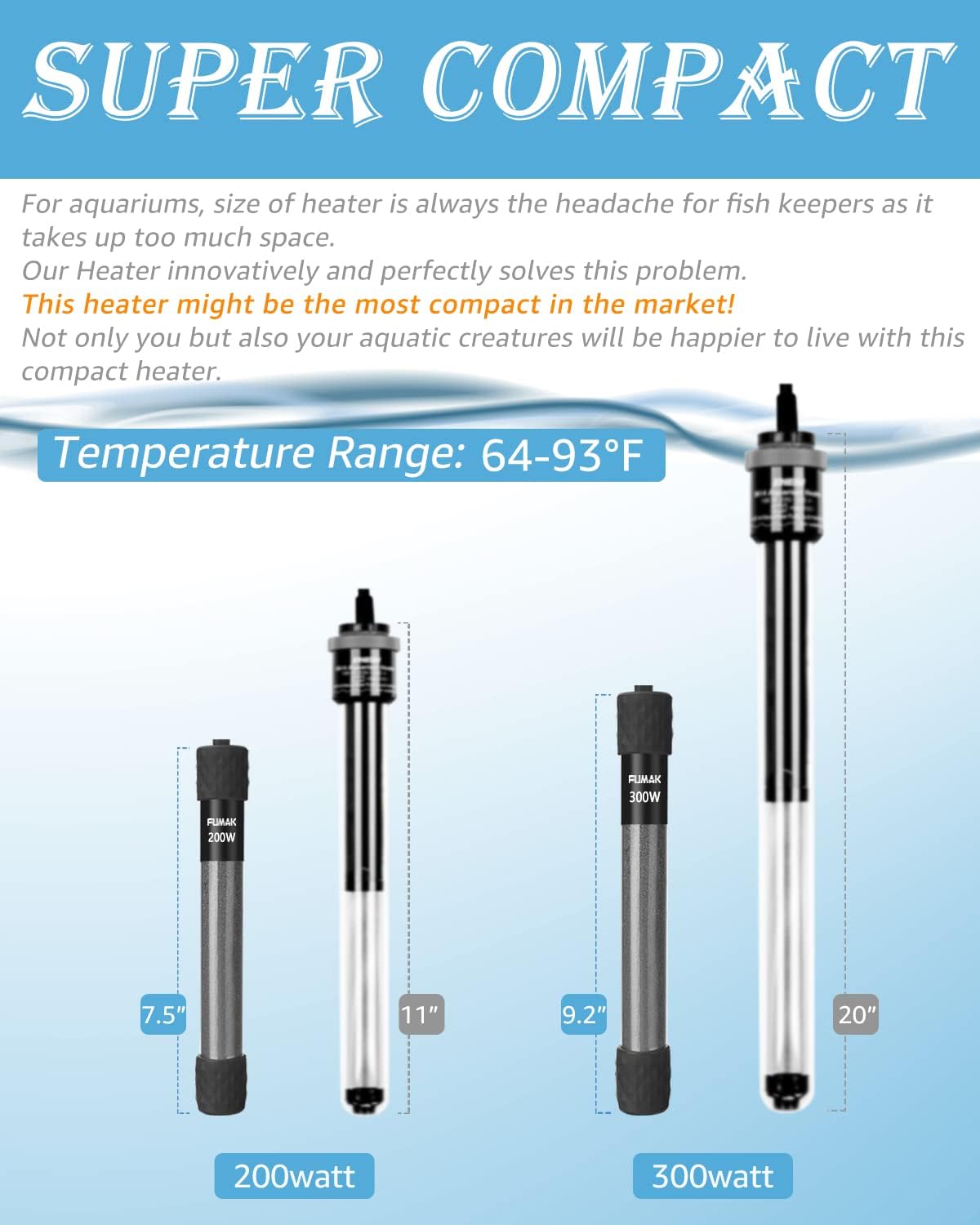 300W Adjustable Aquarium Heater Super Short Submersible Fish Tank Heater Fish Heater with LED Digital Display Thermostat, for Tanks 40-60 Gallons