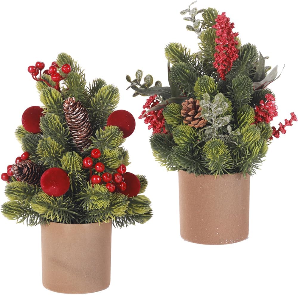 Mini Christmas Tree with Red Berries Balls Pine Cones in Brown Pot, 2 Pack Miniature Christmas Trees Xmas Table Decor Small Christmas Decorations for Bedroom Xmas Table Centerpieces