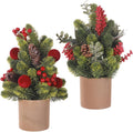 Mini Christmas Tree with Red Berries Balls Pine Cones in Brown Pot, 2 Pack Miniature Christmas Trees Xmas Table Decor Small Christmas Decorations for Bedroom Xmas Table Centerpieces