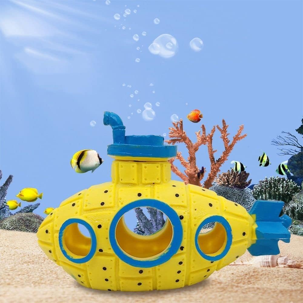 Yellow Floating Submarine Ornament for Fish Tank - Cute Retro Style Resin Decor, Safe Tankmate Toy for Betta, Cichlids, Goldfish, Shrimp, Hermit Crabs, Aquarium Accessory