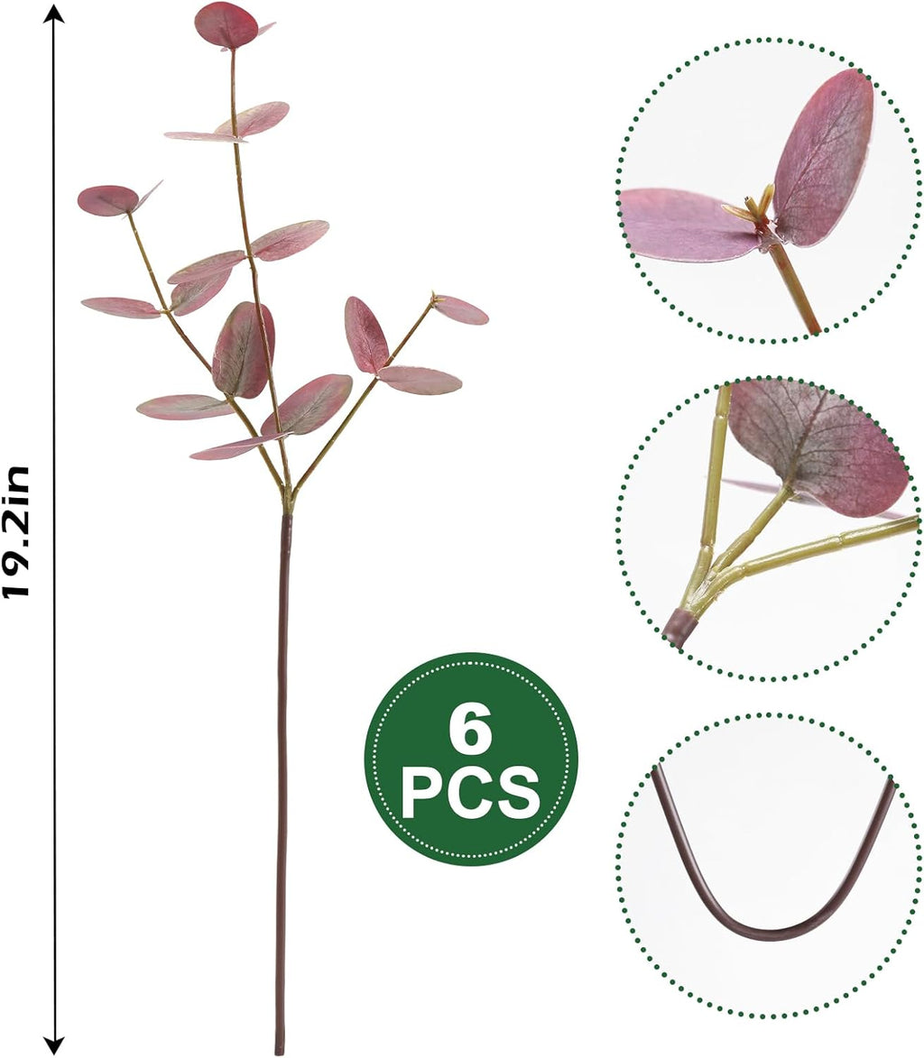 6pcs Real Touch Artificial Eucalyptus Stems Dual-Sided Lifelike Leaves Fake Eucalyptus Plants for Wedding Flower Arrangement Centerpiece Bouquet Home Office Decor(Purple)