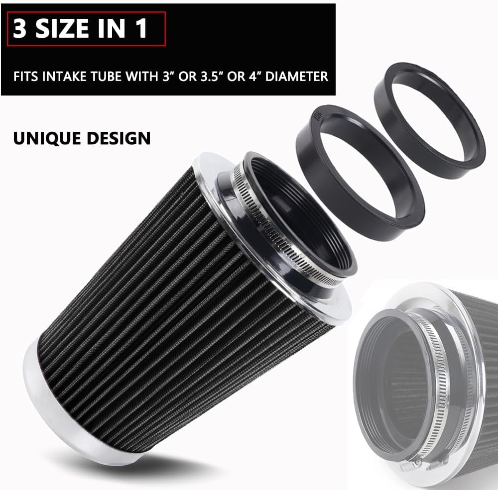 4-Inch Cold Air Intake Filter - Washable, High Performance, 3" or 3-1/2" or 4" Clamp-On Replacement Air Filter Black (8" Tall)