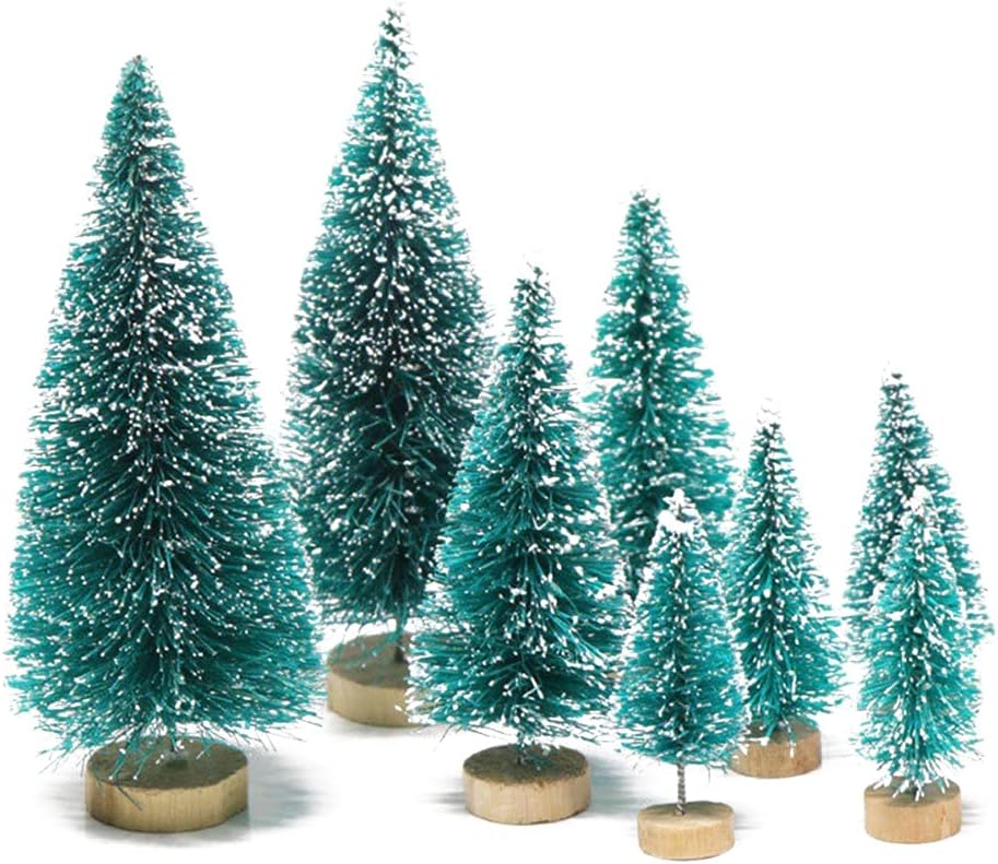 8 Pcs Artificial Mini Christmas Trees, Miniature Pine Trees Sisal Trees with Wood Base Tabletop Christmas Tree for Christmas Xmas Holiday New Year (Blue Green, 8 pcs)