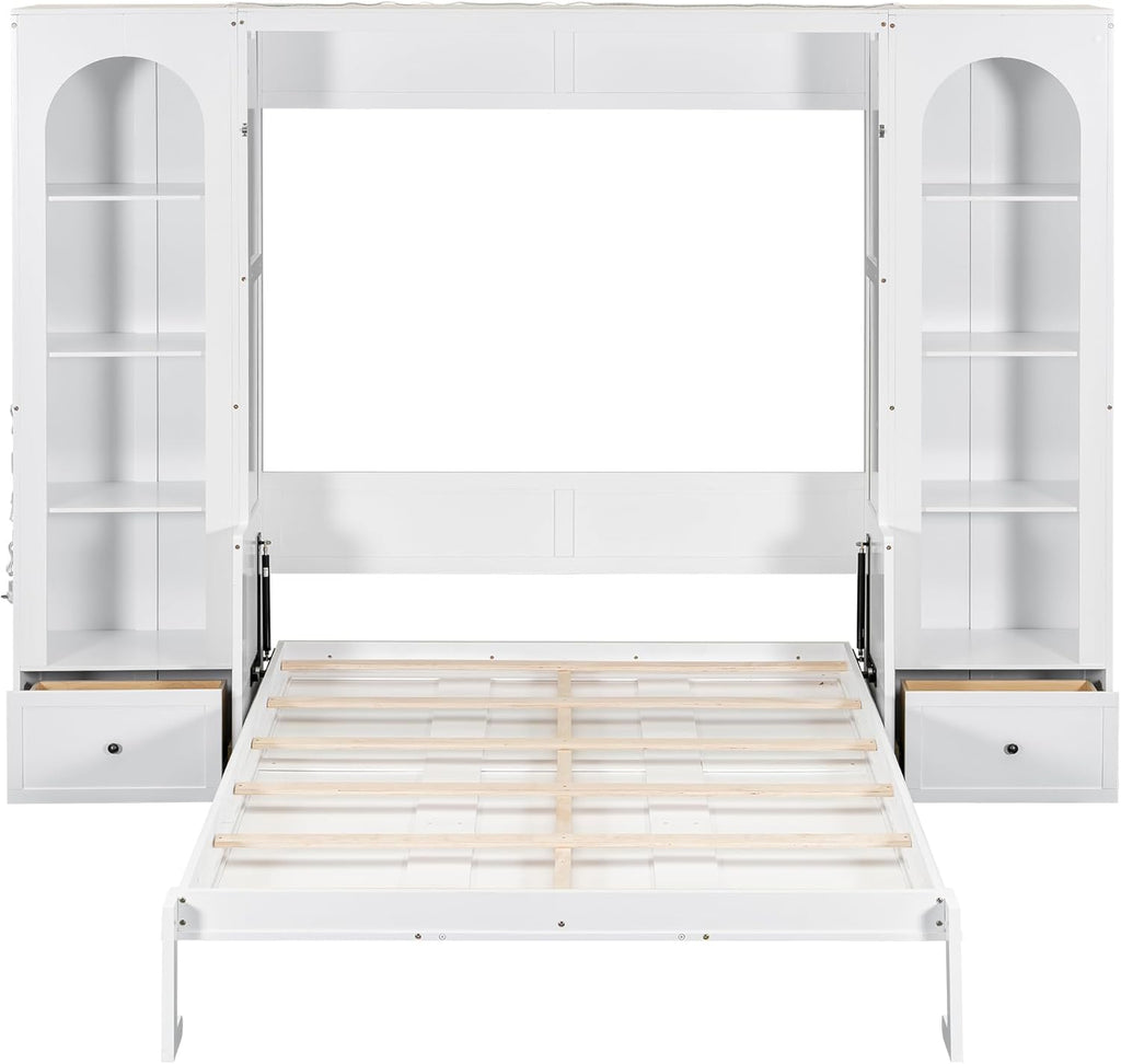 MERITLINE Queen Murphy Bed with Desk and Storage & LED Light, Solid Wood Hideaway Murphy Wall Bed with Storage Bookcase Shelves and Drawers for Adults (White,Queen)