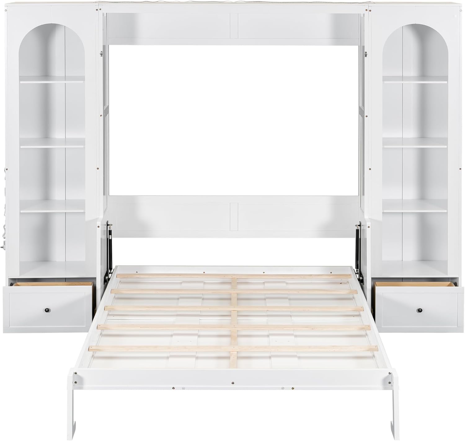MERITLINE Queen Murphy Bed with Desk and Storage & LED Light, Solid Wood Hideaway Murphy Wall Bed with Storage Bookcase Shelves and Drawers for Adults (White,Queen)