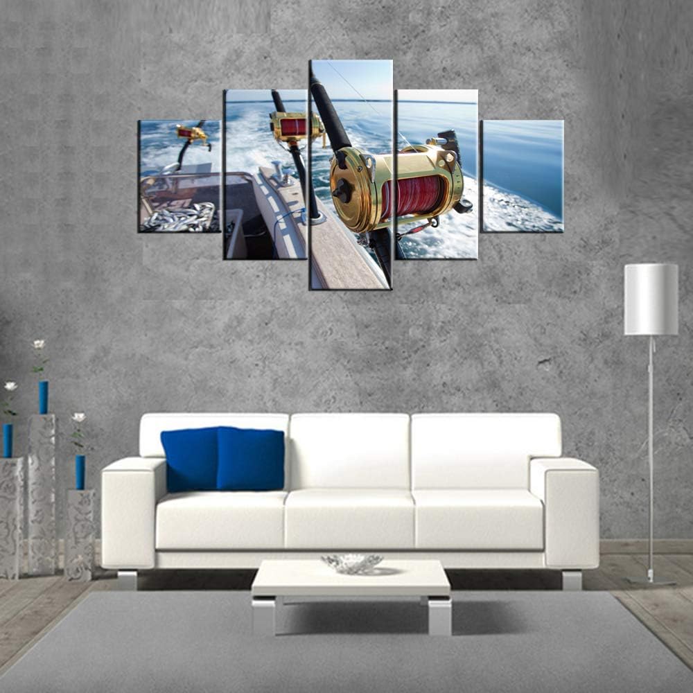 House Decorations Living Room Big Game Fishing Reel Paintings Blue Seascape Angling Pictures Contemporary Artwork 5 Panel Prints Wall Art on Canvas Framed Ready to Hang Posters and Prints(60''Wx40''H)