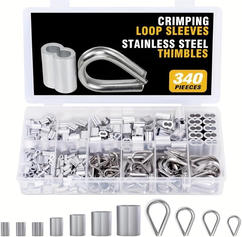 Wire Rope Crimp Kit with 656ft Stainless Steel Cable 7x7 Strand Core 1/16'' Aluminum Crimp Loop Sleeves and Wire Rope Stainless Steel Thimble