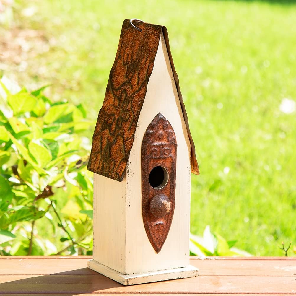 Glitzhome 13.25" H Washed White Distressed Solid Wood Birdhouse Hand Painted Hanging Bird House for Outdoors